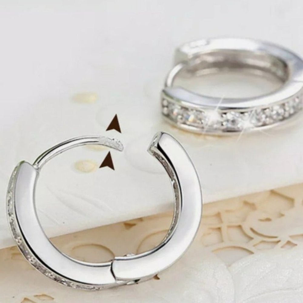 925 Silver Hoop Diamond Earrings - Picture 2 of 5